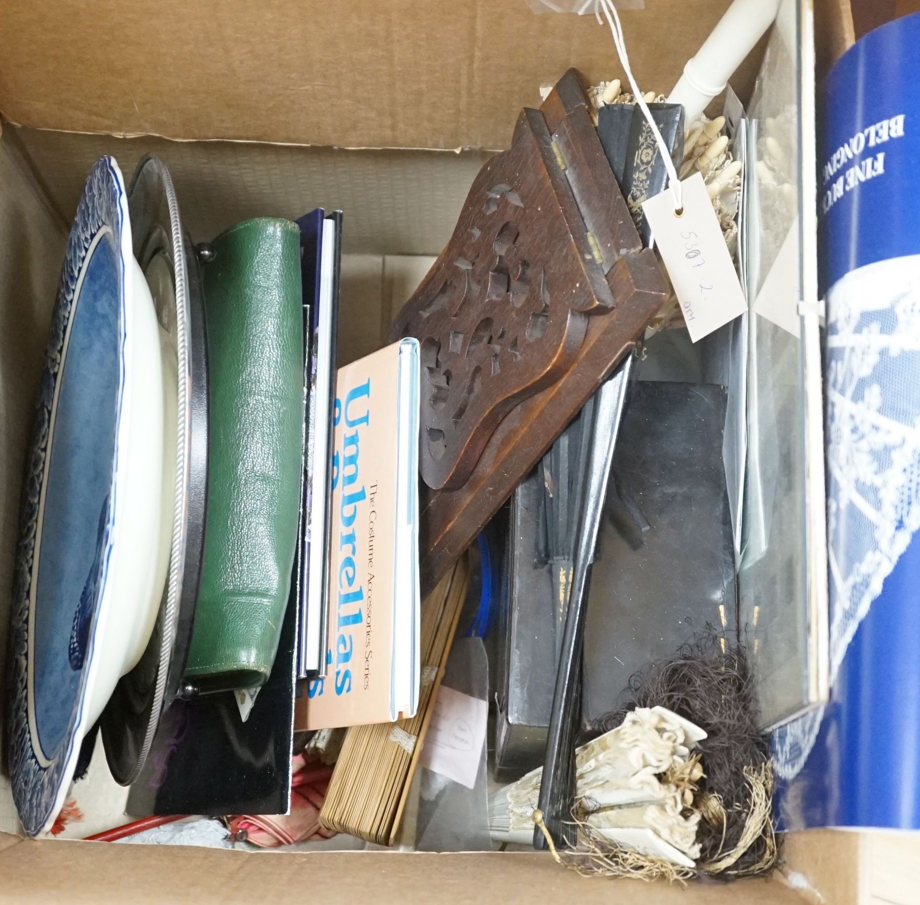 A quantity of lace makers items, Victorian parasols, 7 other fans, a fan frame, a 900 silver bag mount, a silver mother of pearl page turner, and other items